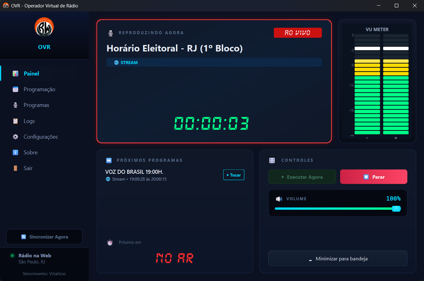Painel de controle do OVR - Operador Virtual de Rádio